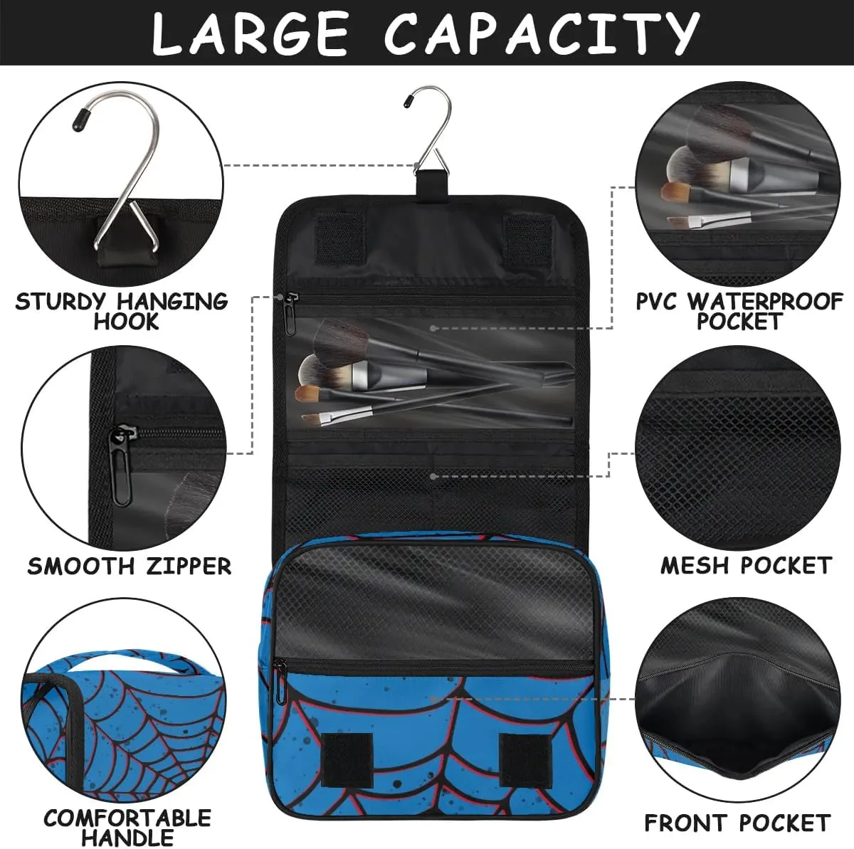 Spider Web Kids Hanging Toiletry Bag for Boys Shaving Bag Hanging Makeup Bag Waterproof Cosmetic Bag for Indoor & Outdoor Essential