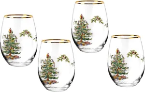 Spode Christmas Tree 19oz Stemless Wine Glasses, Set of 4 - Vintage-Inspired Holiday Drinkware with Cozy Seasonal Charm, Ideal for Mulled Wine at Festive Gatherings and Holiday Entertaining