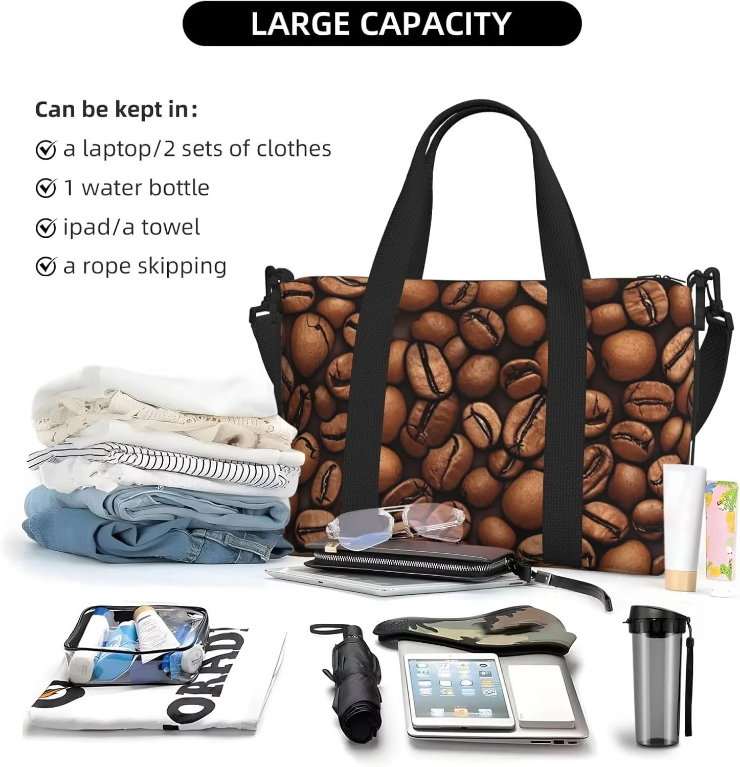 Sports Gym Bag for Women Men Travel Duffel Bag Tote Weekender Bag Carry on Overnight Bag for Travel Swimming Fitness Workout Sports Funny Roasted Coffee Beans Duffle Bag