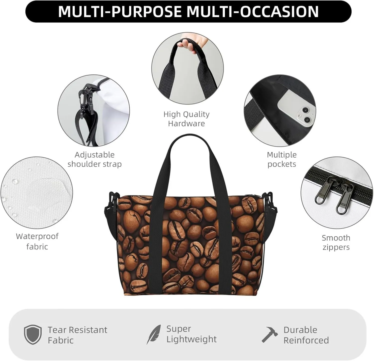 Sports Gym Bag for Women Men Travel Duffel Bag Tote Weekender Bag Carry on Overnight Bag for Travel Swimming Fitness Workout Sports Funny Roasted Coffee Beans Duffle Bag
