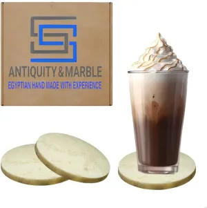 SS Antiquity & Marble Set of 6 –3.5 Egyptian Handmade Marble Coasters–Luxury Drink Coasters for Coffee Table, Home Bar, Kitchen & Office – Elegant Natural Stone Design with Soft Velvet Base.