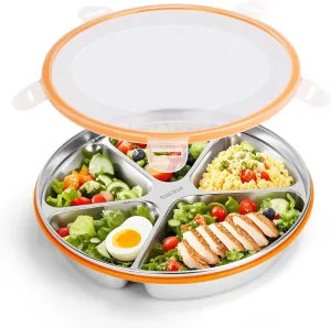 Stainless Steel Portion Control Plate with Lids, Divided Plates for Adults, 10.6in Deep Divided Lunch Boxes with Secure Locking Plastic Lids, Reusable Camping Serving Dinner Plates