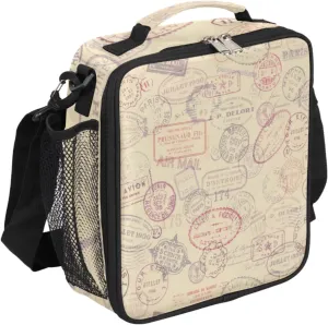 Stamp Theme Pattern Lunch Bag With Shoulder Strap and Mesh PocketsRetro Stamp Reusable Insulated Lunch box Cooler Bag for Women Men Office Outdoor Work Picnic
