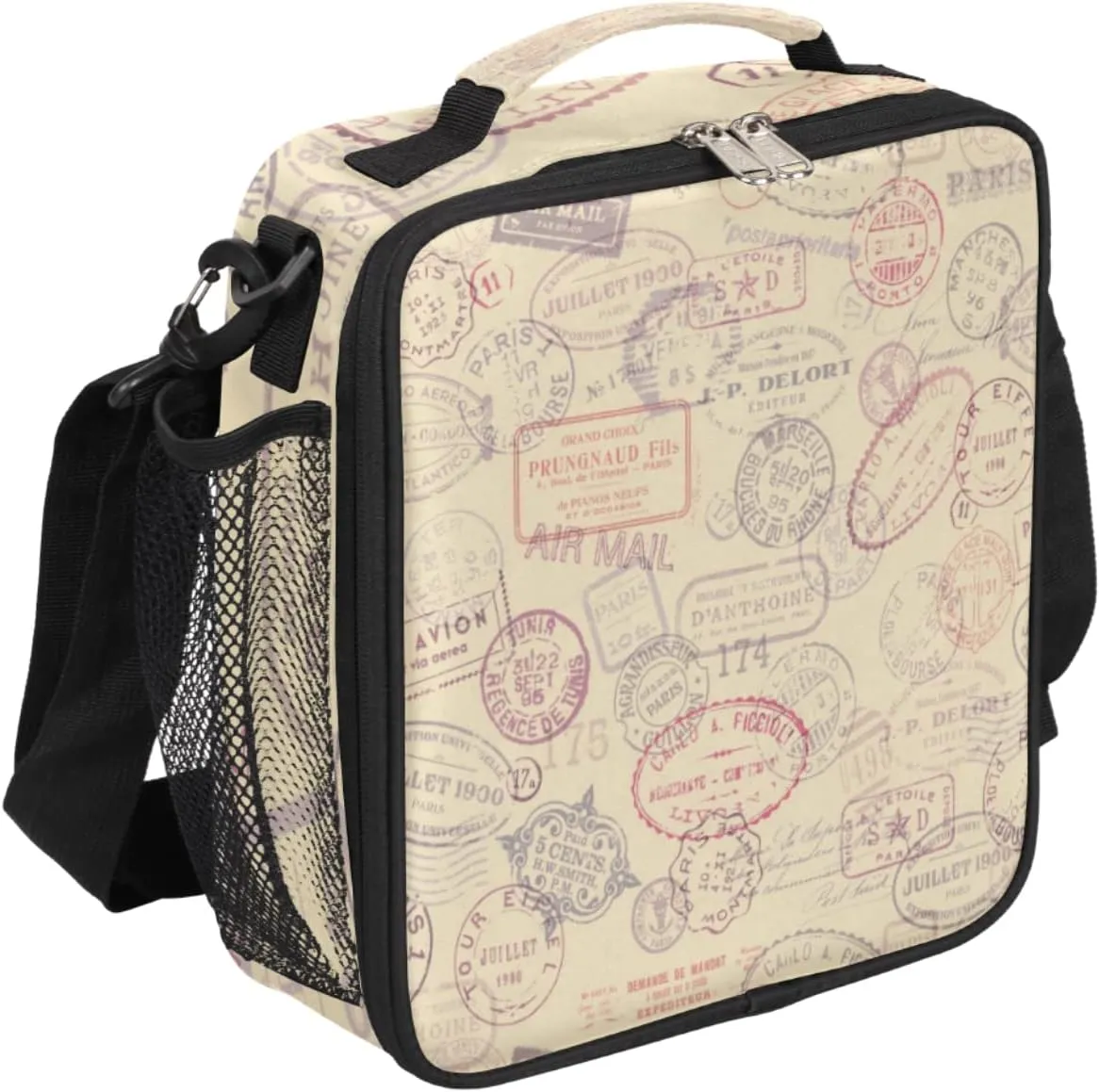 Stamp Theme Pattern Lunch Bag With Shoulder Strap and Mesh PocketsRetro Stamp Reusable Insulated Lunch box Cooler Bag for Women Men Office Outdoor Work Picnic
