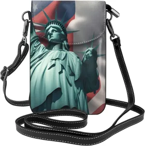 Statue of Liberty Flag Print Leather Small Crossbody Bags Cell Phone Bag Women's Crossbody Bag with Credit Card Slots, Black