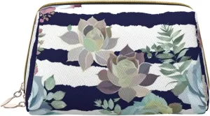 Striped Succulents Toiletry Pouch, Travel-Friendly Makeup Organizer For Makeup Brushes, Lipsticks