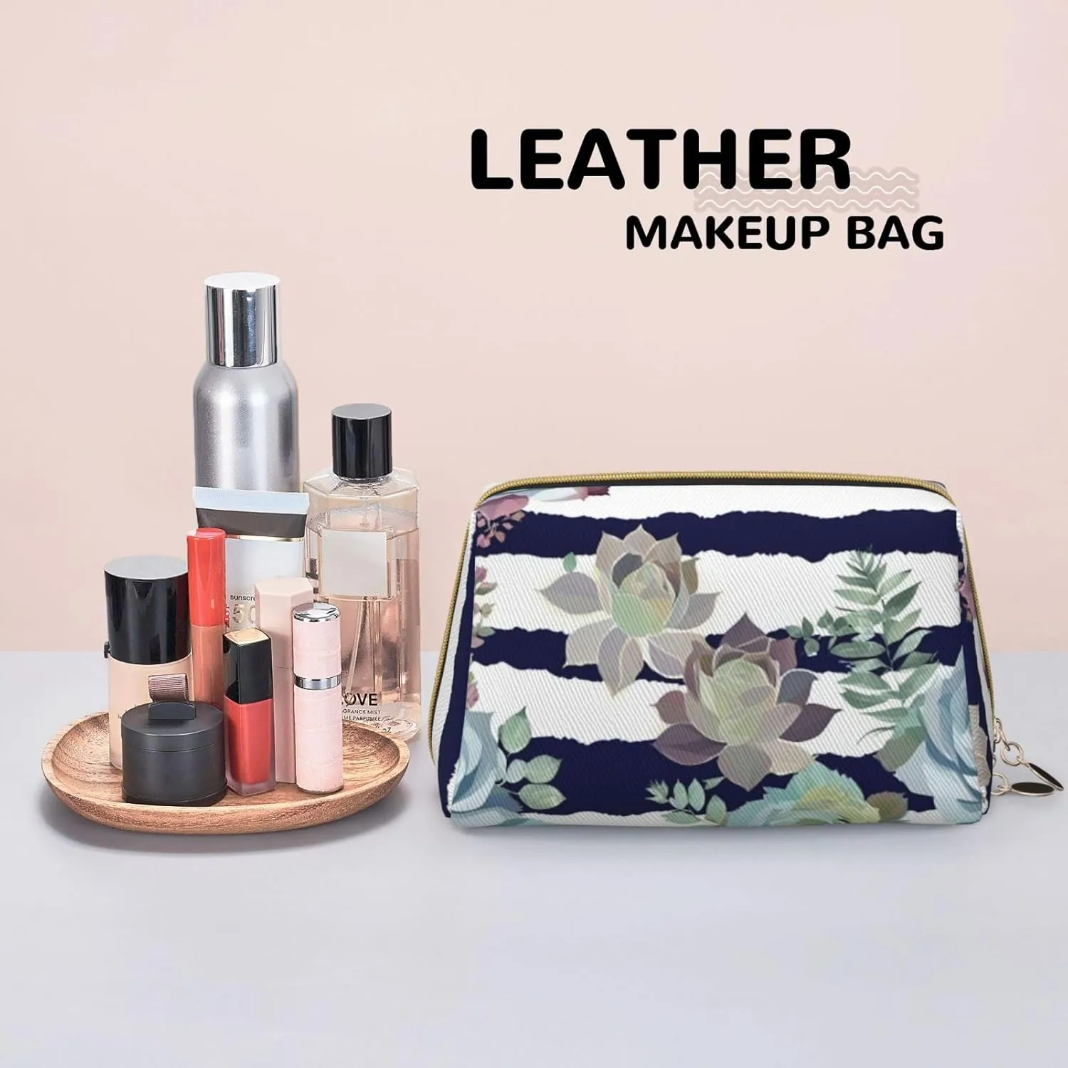 Striped Succulents Toiletry Pouch, Travel-Friendly Makeup Organizer For Makeup Brushes, Lipsticks