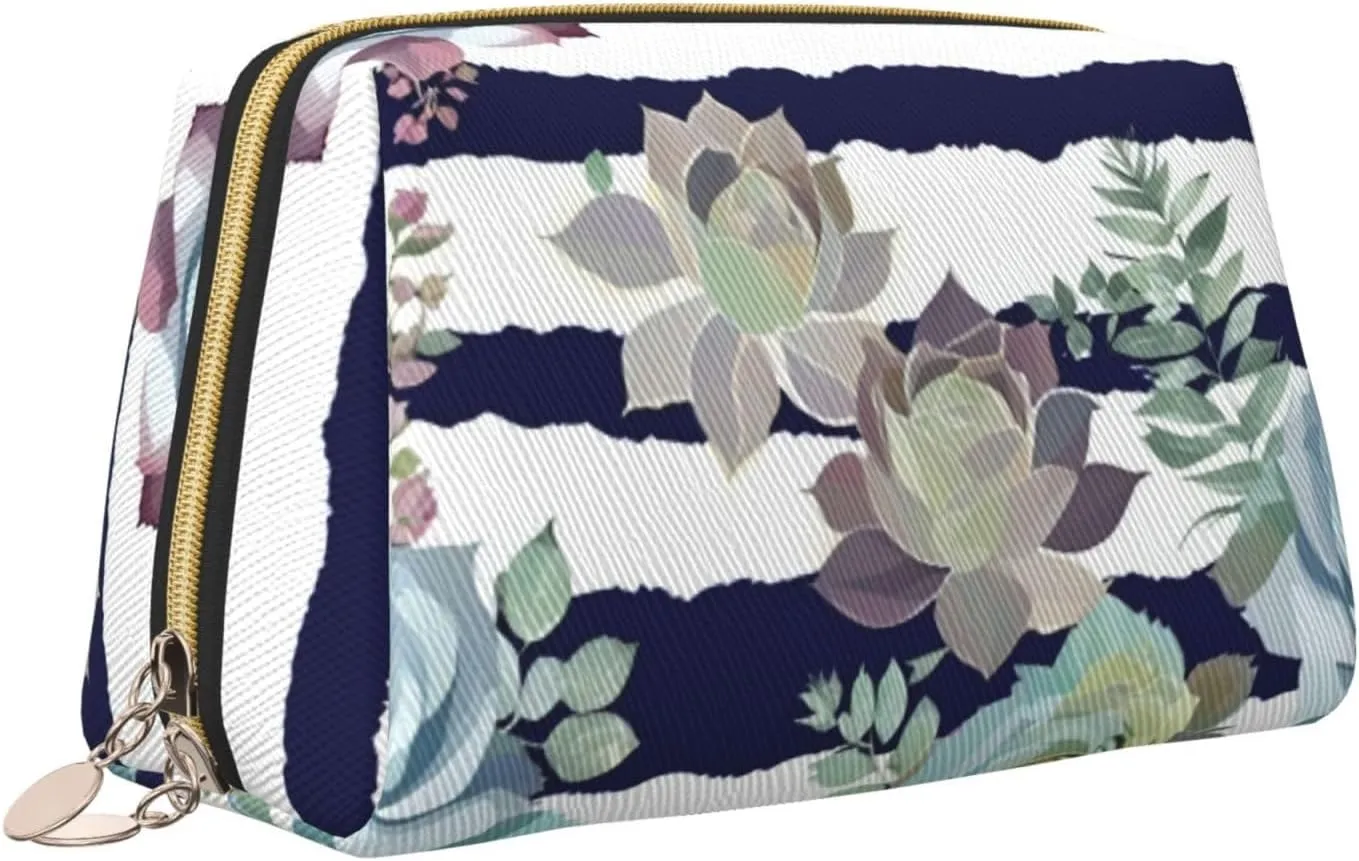 Striped Succulents Toiletry Pouch, Travel-Friendly Makeup Organizer For Makeup Brushes, Lipsticks