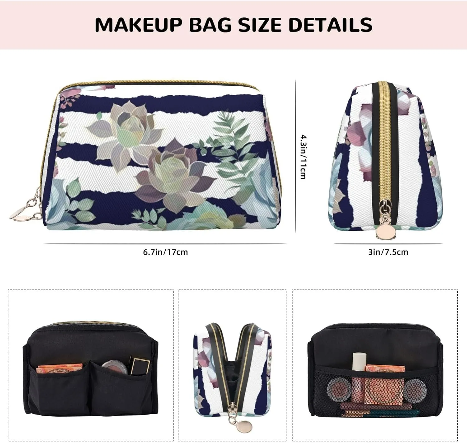 Striped Succulents Toiletry Pouch, Travel-Friendly Makeup Organizer For Makeup Brushes, Lipsticks