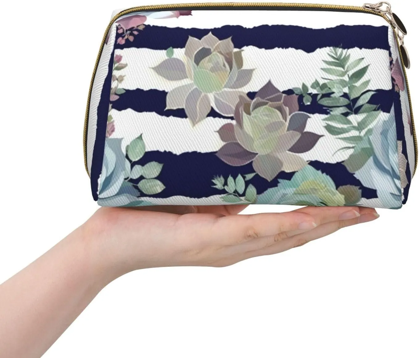 Striped Succulents Toiletry Pouch, Travel-Friendly Makeup Organizer For Makeup Brushes, Lipsticks