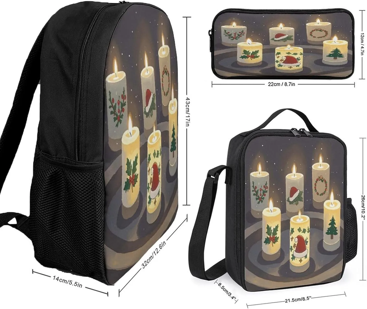 Stylish 3-in-1 Backpack Set, Christmas Candles Print Backpack, Lunch Bag & Pencil Case - Durable Polyester,Lightweight,Comfortable Straps