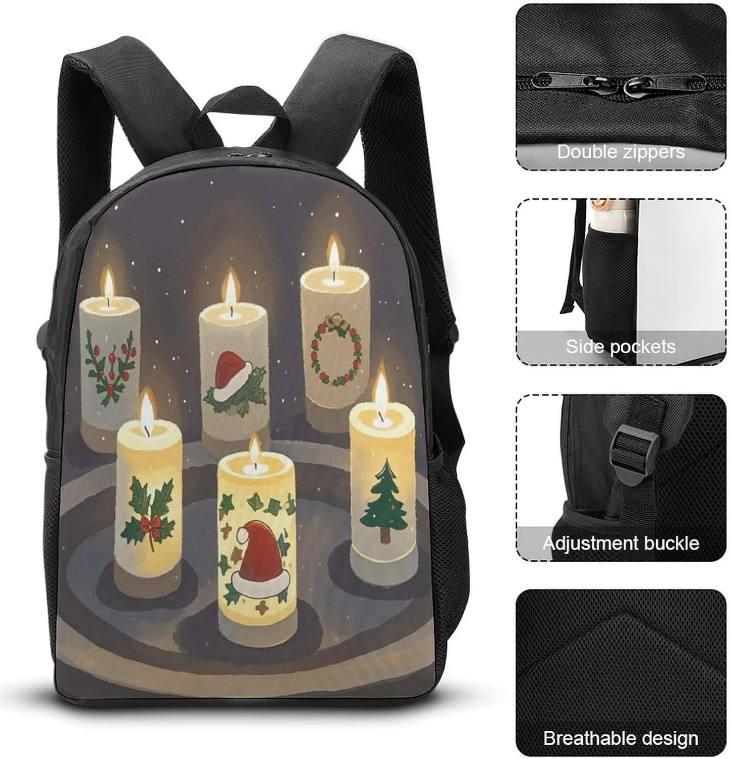Stylish 3-in-1 Backpack Set, Christmas Candles Print Backpack, Lunch Bag & Pencil Case - Durable Polyester,Lightweight,Comfortable Straps