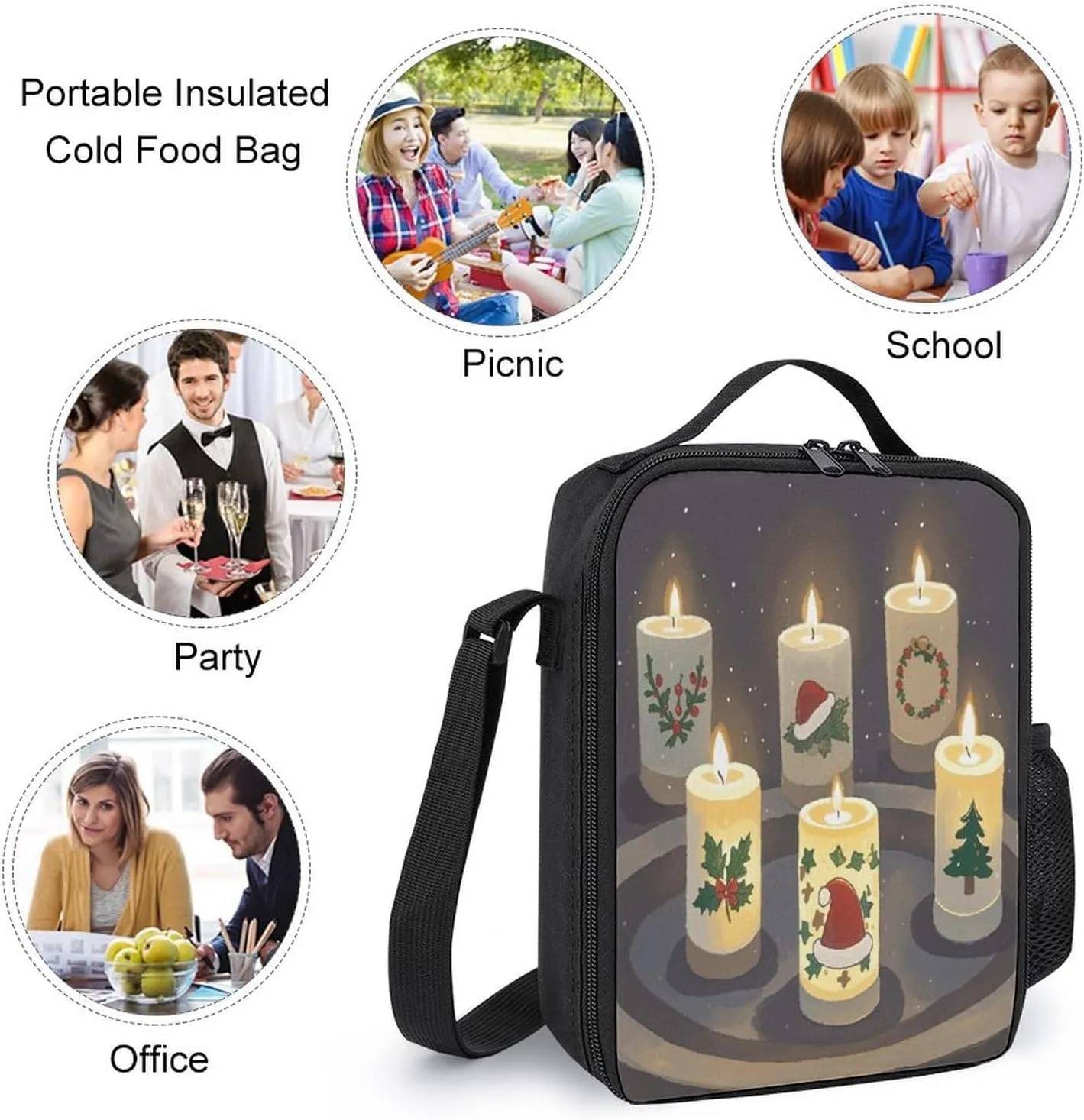 Stylish 3-in-1 Backpack Set, Christmas Candles Print Backpack, Lunch Bag & Pencil Case - Durable Polyester,Lightweight,Comfortable Straps