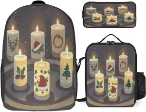 Stylish 3-in-1 Backpack Set, Christmas Candles Print Backpack, Lunch Bag & Pencil Case - Durable Polyester,Lightweight,Comfortable Straps