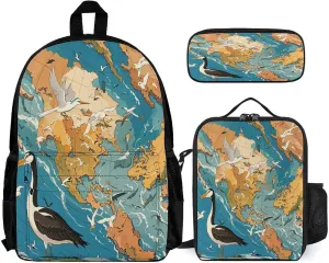Stylish 3-in-1 Backpack Set, Vintage Map with Seabird Egret Print Backpack, Lunch Bag & Pencil Case - Durable Polyester,Lightweight,Comfortable Straps