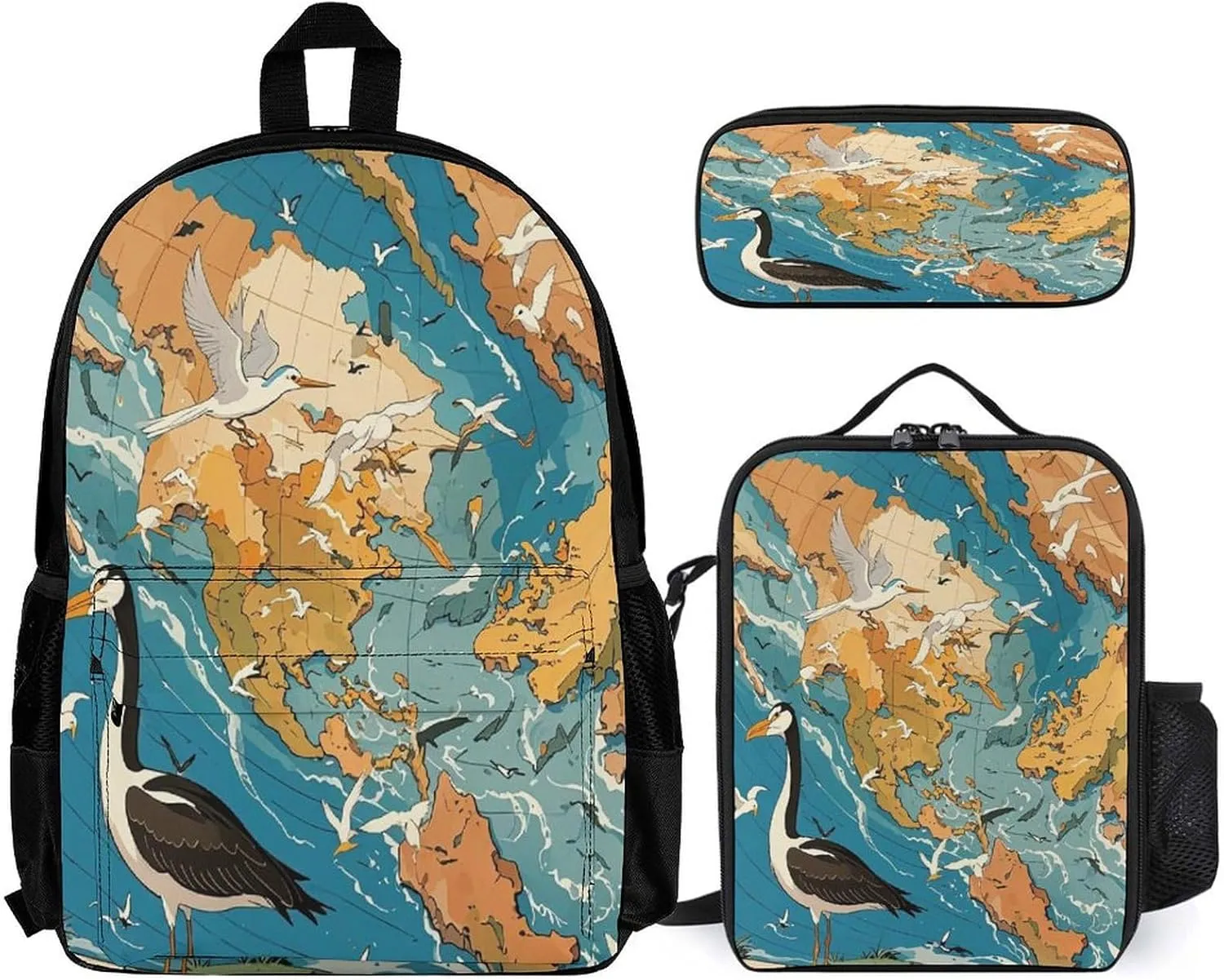 Stylish 3-in-1 Backpack Set, Vintage Map with Seabird Egret Print Backpack, Lunch Bag & Pencil Case - Durable Polyester,Lightweight,Comfortable Straps