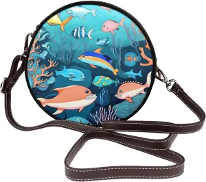 Submarine Dolphins Removable Shoulder Strap Waterproof Leather Shoulder Round Bag Crossbody Bag Travel Shopping Dating Handbag Purse