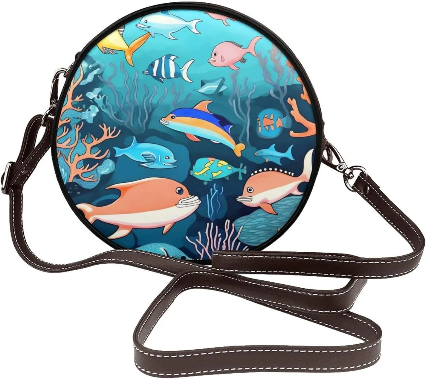 Submarine Dolphins Removable Shoulder Strap Waterproof Leather Shoulder Round Bag Crossbody Bag Travel Shopping Dating Handbag Purse