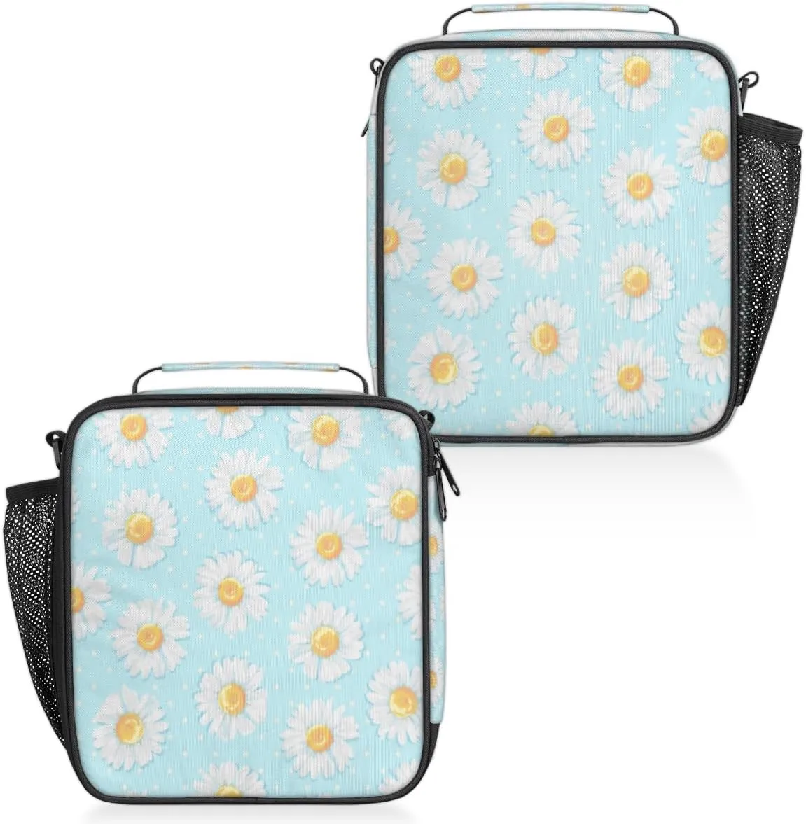 Summer Daisies Flower Insulated Lunch Bag Reusable Waterproofing Lunch Box with Shoulder Strap Handle and Water Bottle Net Bag for Travel Camping Beach Picnic