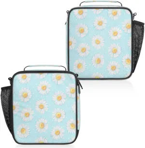 Summer Daisies Flower Insulated Lunch Bag Reusable Waterproofing Lunch Box with Shoulder Strap Handle and Water Bottle Net Bag for Travel Camping Beach Picnic