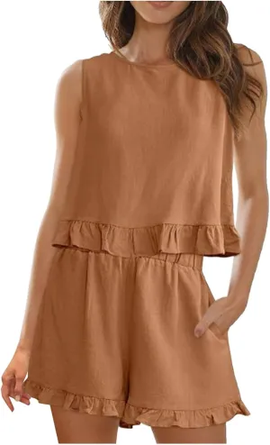Summer New European And Foreign Trade Women's Clothing Sleeveless Pleated Vest Shorts Casual Set Full Tilt