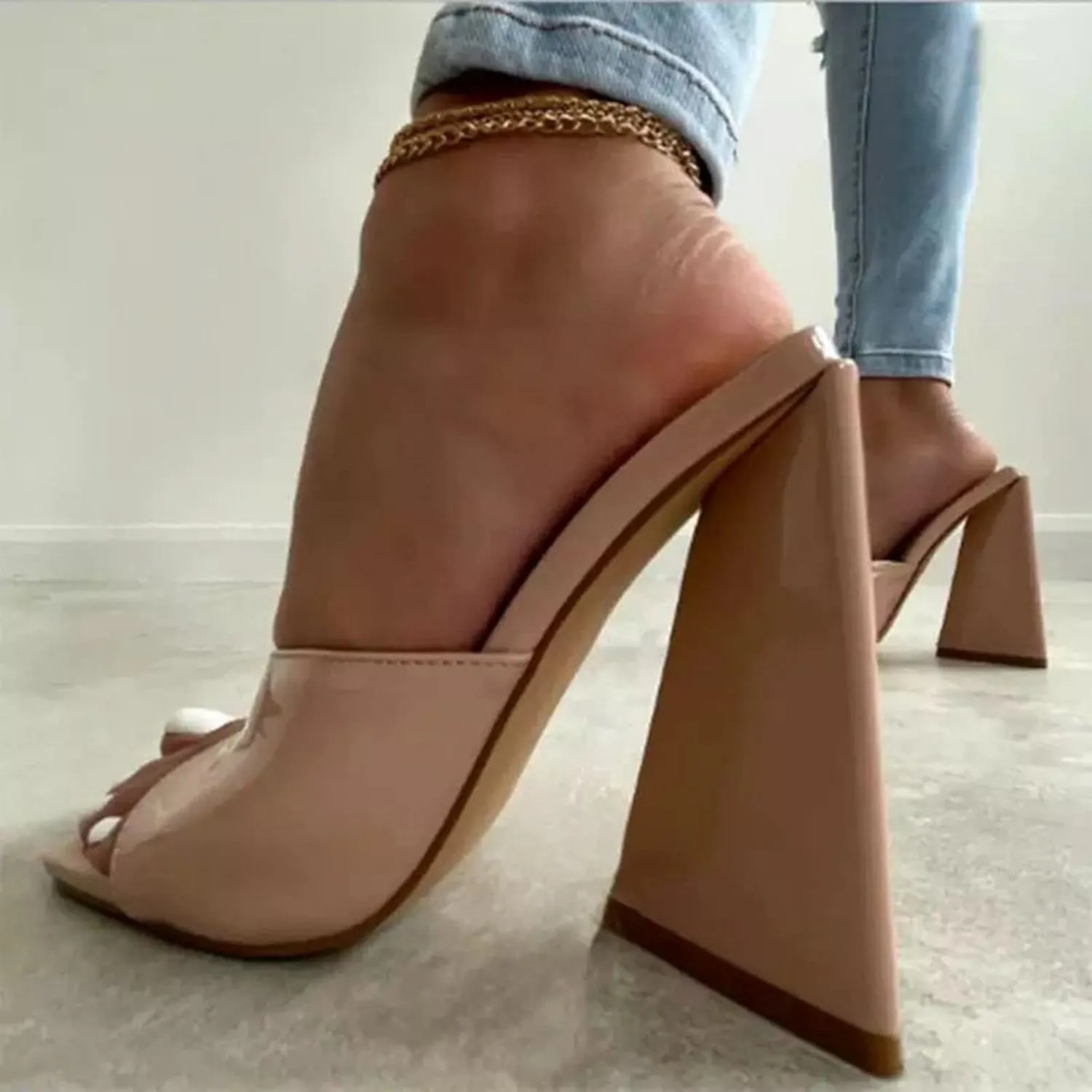 Summer Silk Triangle Square Heels Heel Slippers Sexy Street Woman Party Square Toe Pumps Dress Slides Shoes