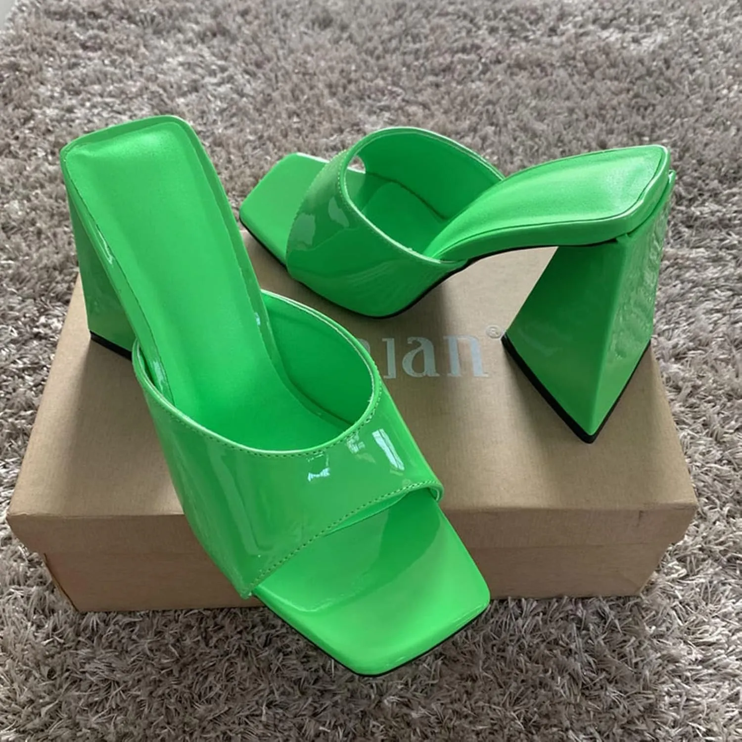 Summer Silk Triangle Square Heels Heel Slippers Sexy Street Woman Party Square Toe Pumps Dress Slides Shoes