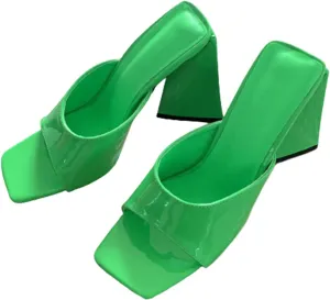 Summer Silk Triangle Square Heels Heel Slippers Sexy Street Woman Party Square Toe Pumps Dress Slides Shoes