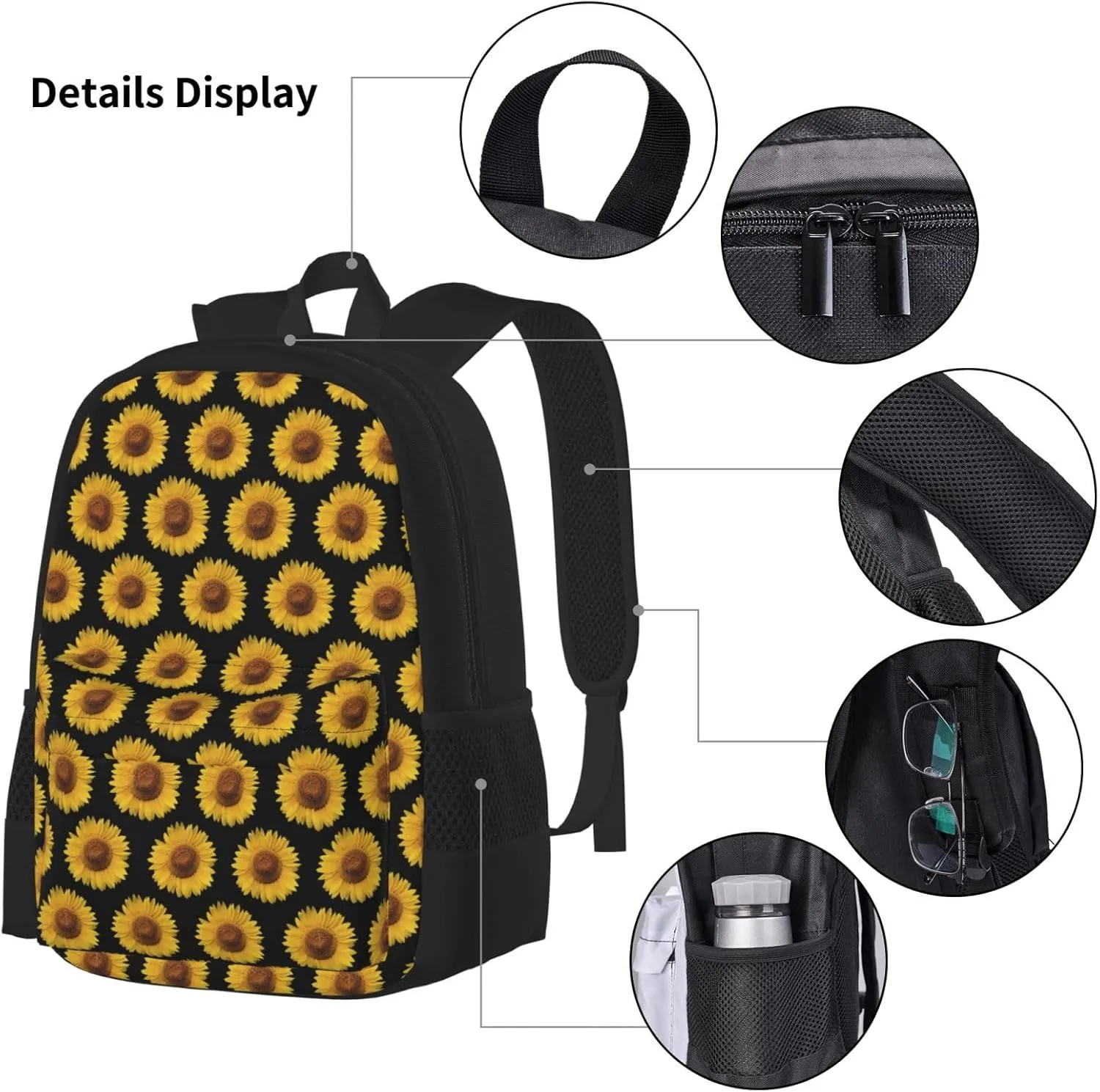 Sunflower Multifunctional Pocket Backpack Crossbody Lunch Bag Pencil Case 3Pcs Set Large Capacity Backpack