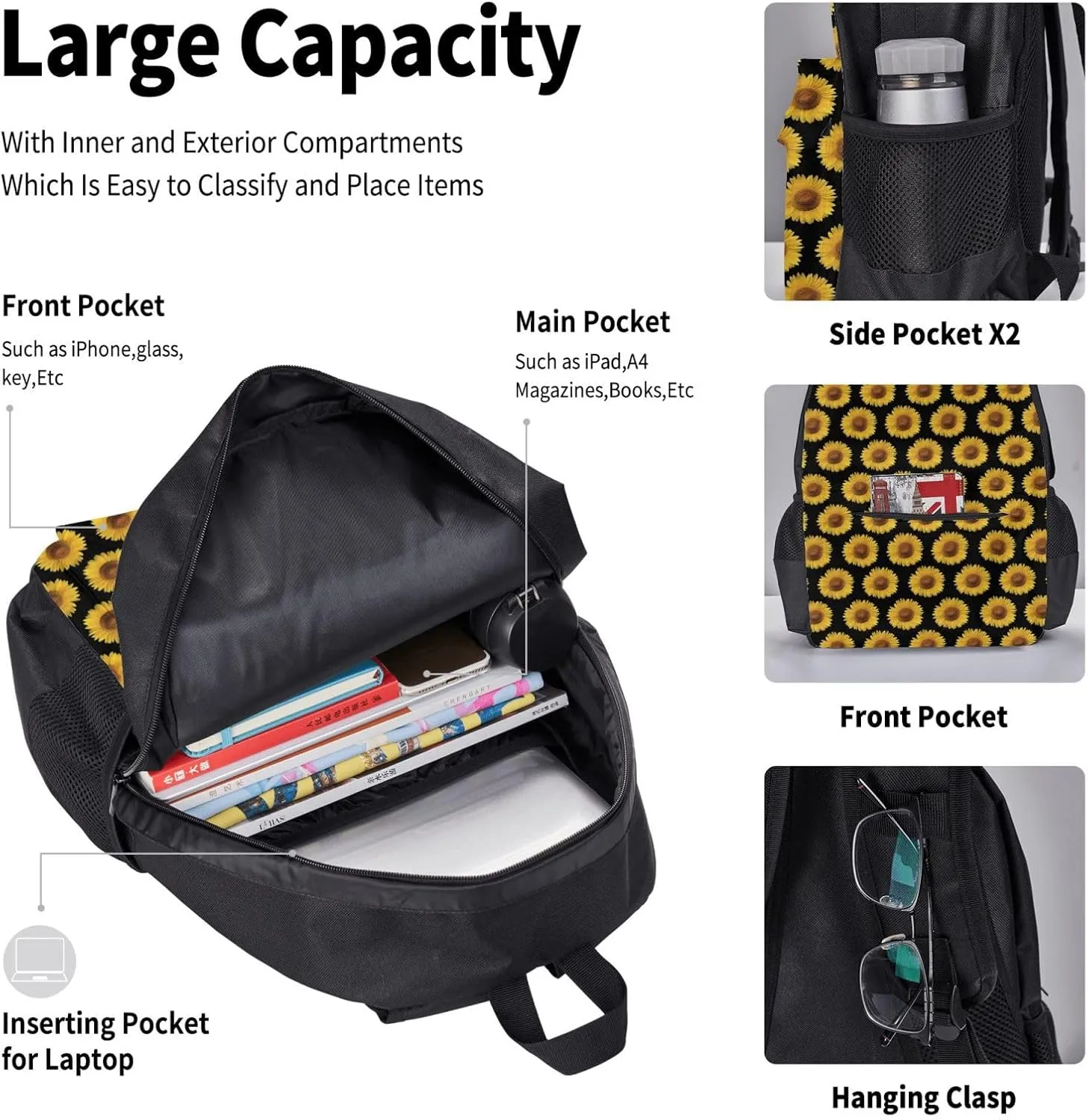 Sunflower Multifunctional Pocket Backpack Crossbody Lunch Bag Pencil Case 3Pcs Set Large Capacity Backpack