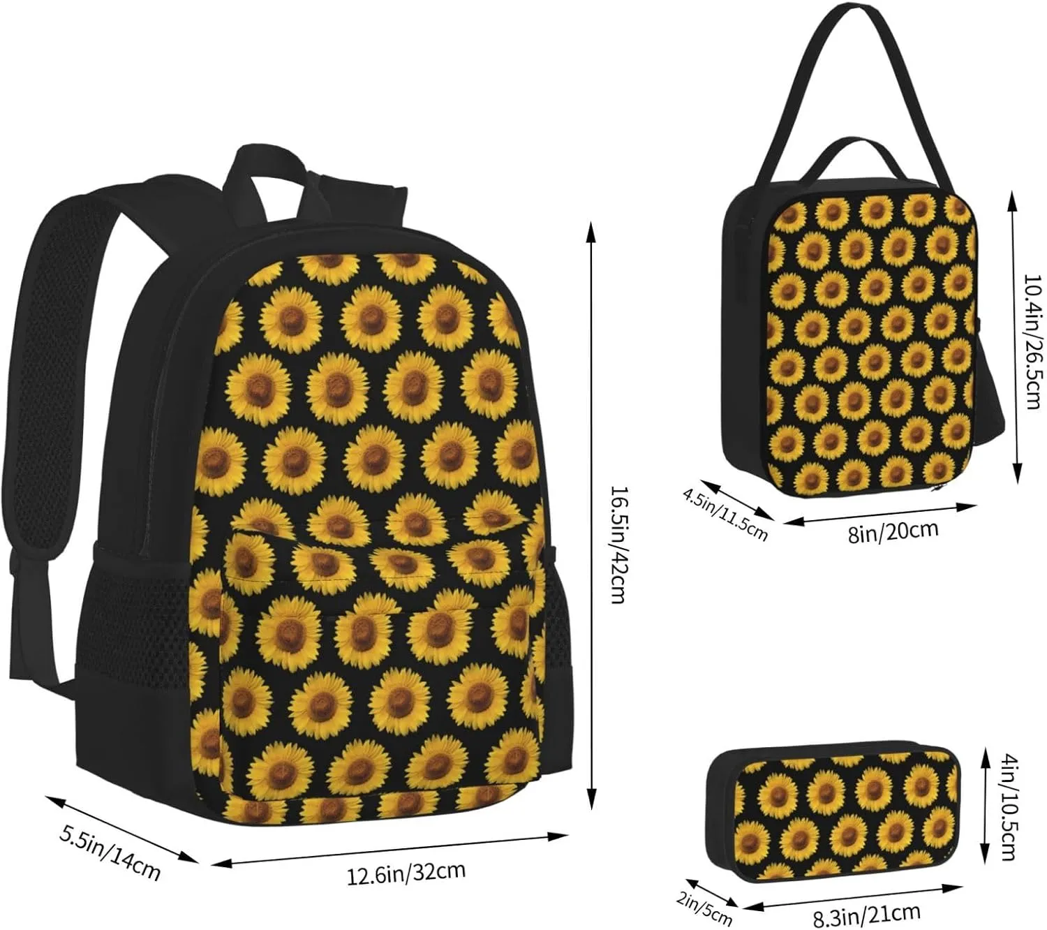 Sunflower Multifunctional Pocket Backpack Crossbody Lunch Bag Pencil Case 3Pcs Set Large Capacity Backpack