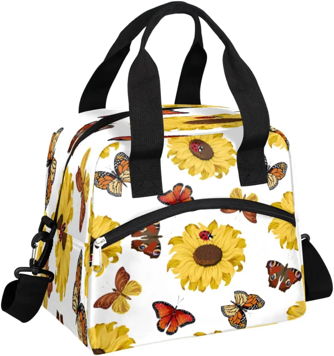 Sunflowers Butterflies Beetles Insulated Lunch Bag Women Reusable Lunch Tote for Adult Men Adjustable Shoulder Strap Cooler Durable Lunch Box for Office Work Picnic Travel