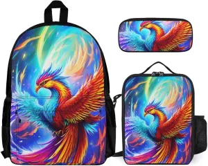 Supdreamc 3 Pcs Daypack Mythical Red And Blue Fire Phoenix Bird Art Traveling & Camping Backpack Sets - Large Capacity Multipurpose Anti-Theft Carry On Bag for Adults