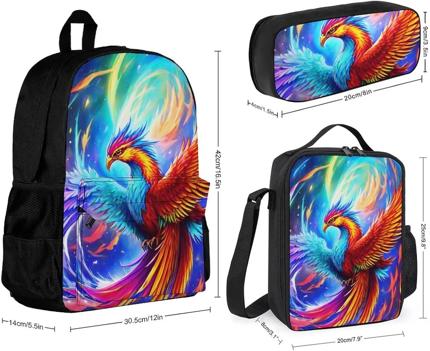 Supdreamc 3 Pcs Daypack Mythical Red And Blue Fire Phoenix Bird Art Traveling & Camping Backpack Sets - Large Capacity Multipurpose Anti-Theft Carry On Bag for Adults