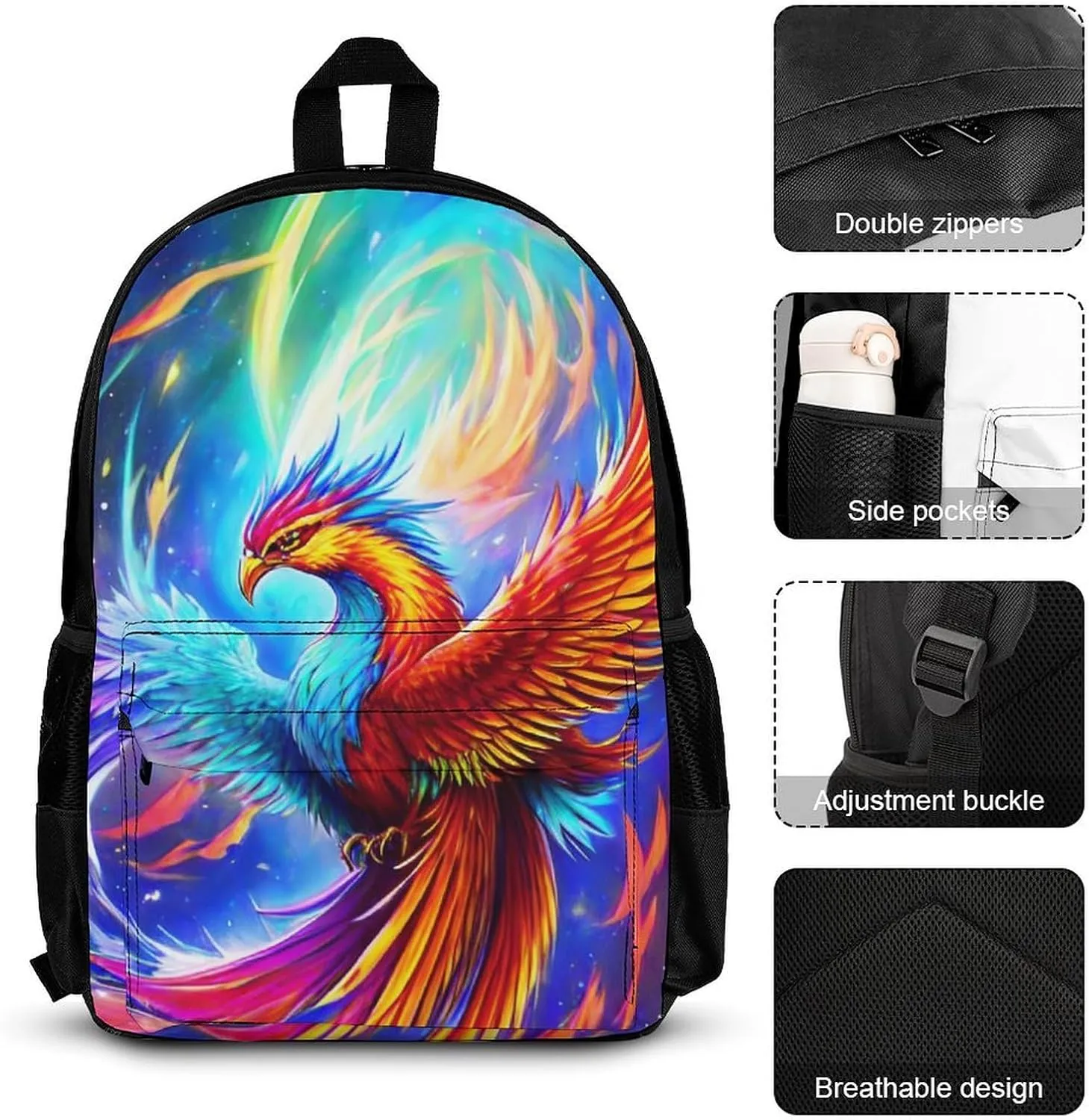 Supdreamc 3 Pcs Daypack Mythical Red And Blue Fire Phoenix Bird Art Traveling & Camping Backpack Sets - Large Capacity Multipurpose Anti-Theft Carry On Bag for Adults