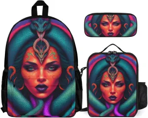Supdreamc 3 Piece Backpack Large Capacity Carry On Bag Backpack for Hiking Outdoors Running - Ancient Greece Snake Queen Medusa Art, Adult, Travel Daypack