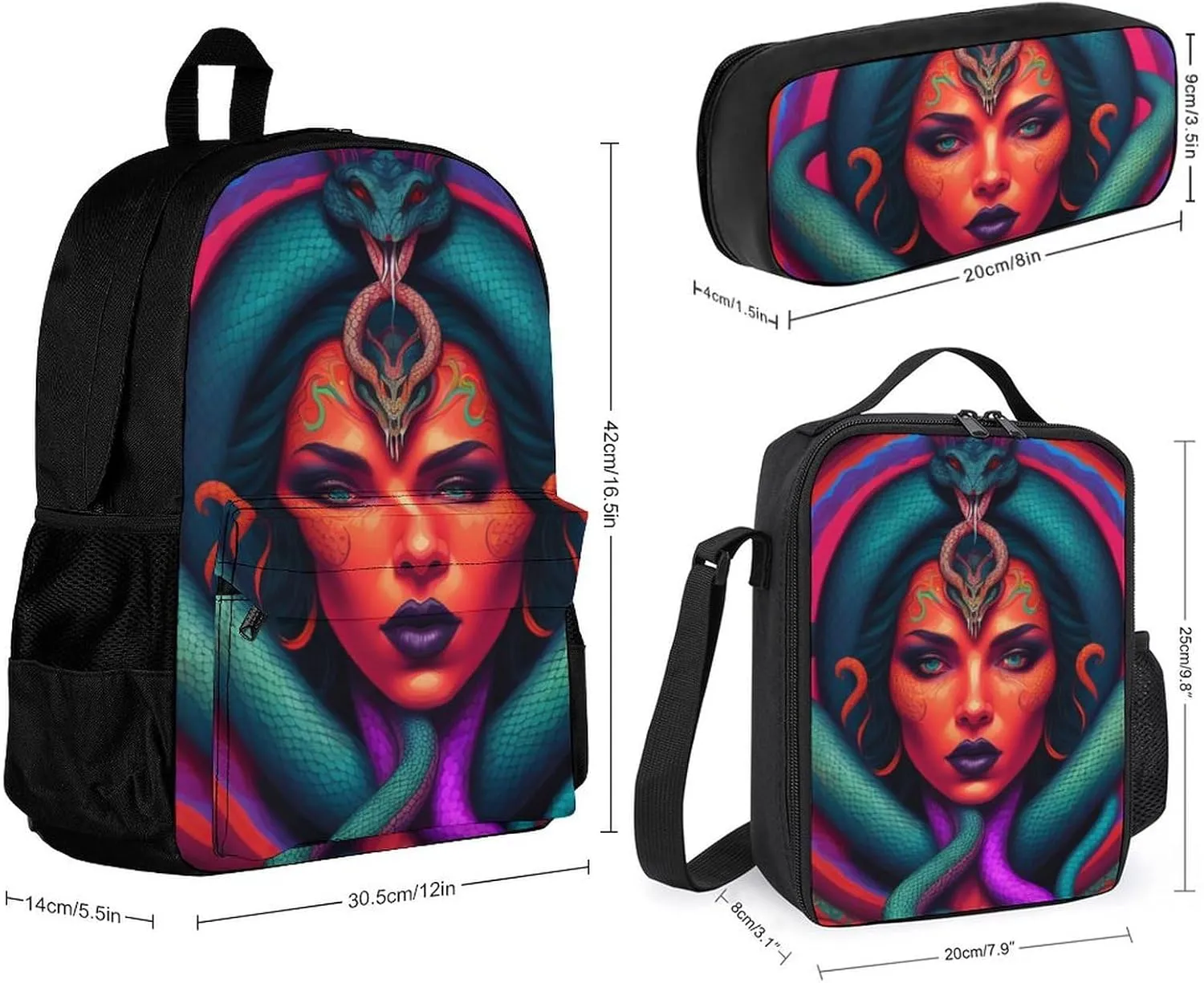 Supdreamc 3 Piece Backpack Large Capacity Carry On Bag Backpack for Hiking Outdoors Running - Ancient Greece Snake Queen Medusa Art, Adult, Travel Daypack