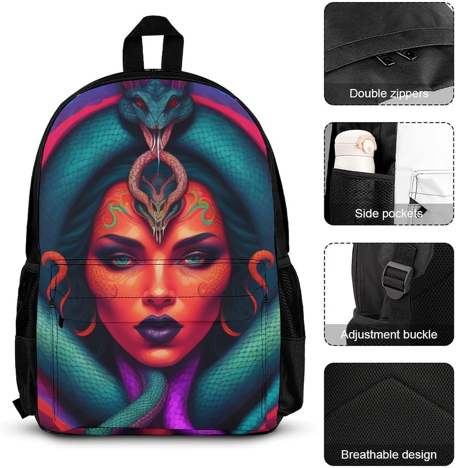 Supdreamc 3 Piece Backpack Large Capacity Carry On Bag Backpack for Hiking Outdoors Running - Ancient Greece Snake Queen Medusa Art, Adult, Travel Daypack
