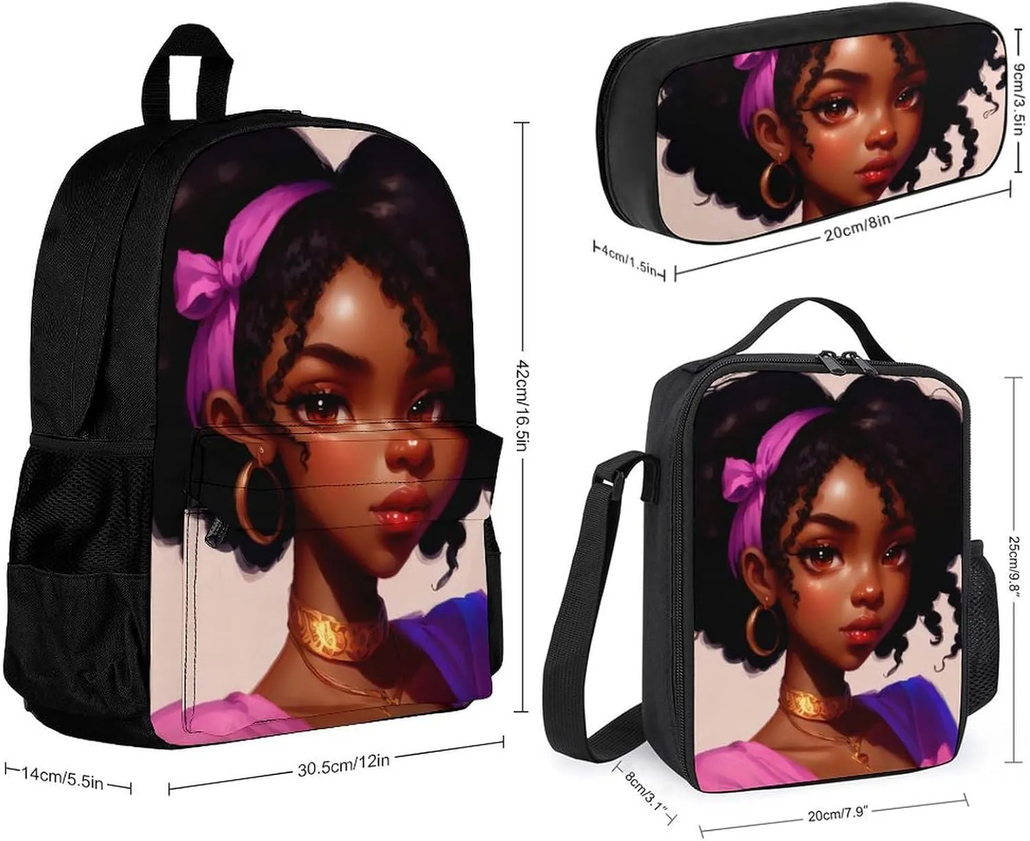 Supdreamc 3 Piece Daypack Big Capacity Shoulder Bag Backpack for Outdoors Bicycle - African American Women Black Women Ethnic Art, Travel Hiking Backpack   Lunch Bag   Pencil Bag