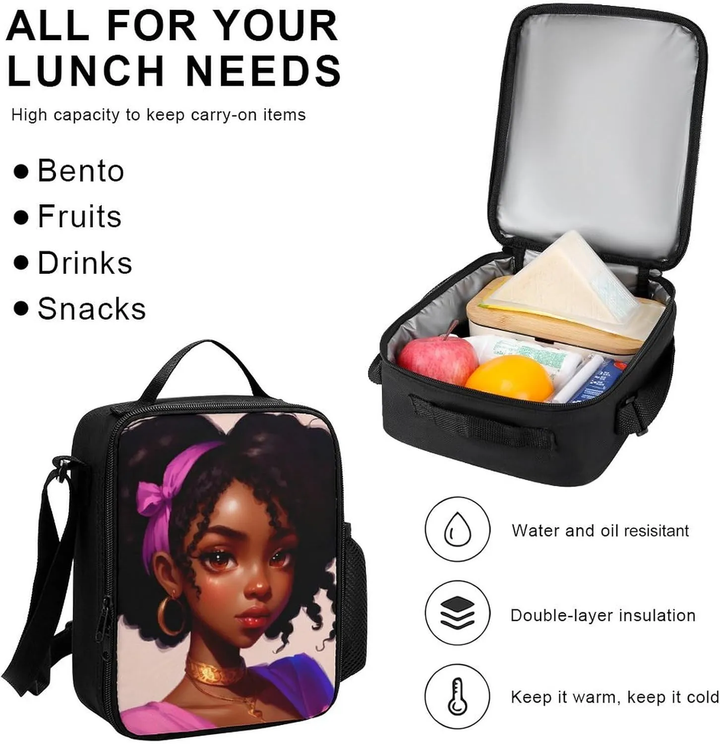 Supdreamc 3 Piece Daypack Big Capacity Shoulder Bag Backpack for Outdoors Bicycle - African American Women Black Women Ethnic Art, Travel Hiking Backpack   Lunch Bag   Pencil Bag