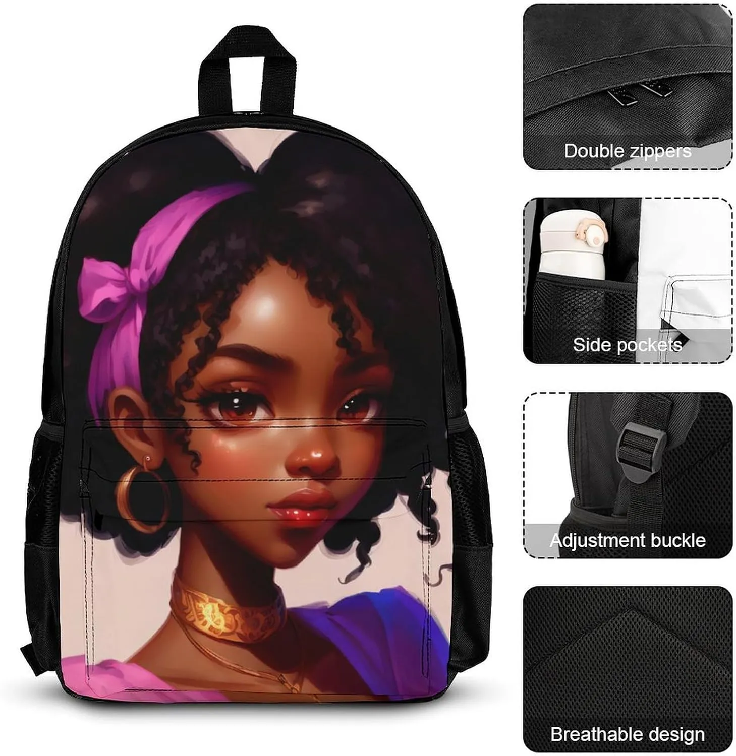 Supdreamc 3 Piece Daypack Big Capacity Shoulder Bag Backpack for Outdoors Bicycle - African American Women Black Women Ethnic Art, Travel Hiking Backpack   Lunch Bag   Pencil Bag