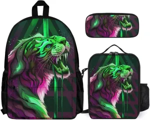 Supdreamc 3 Piece Daypack Big Capacity Shoulder Bag Backpack for Outdoors Bicycle - Angry Tiger Rainbow Animal Magic Art, Travel Hiking Backpack   Lunch Bag   Pencil Bag