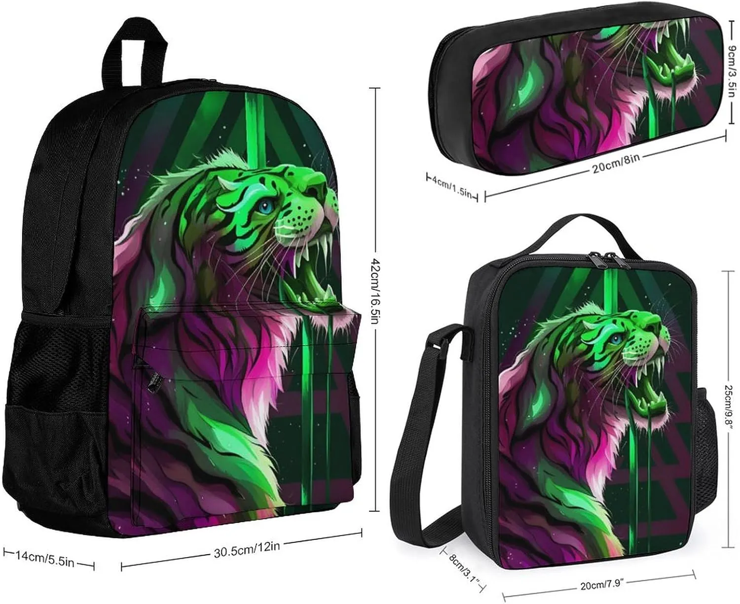 Supdreamc 3 Piece Daypack Big Capacity Shoulder Bag Backpack for Outdoors Bicycle - Angry Tiger Rainbow Animal Magic Art, Travel Hiking Backpack   Lunch Bag   Pencil Bag