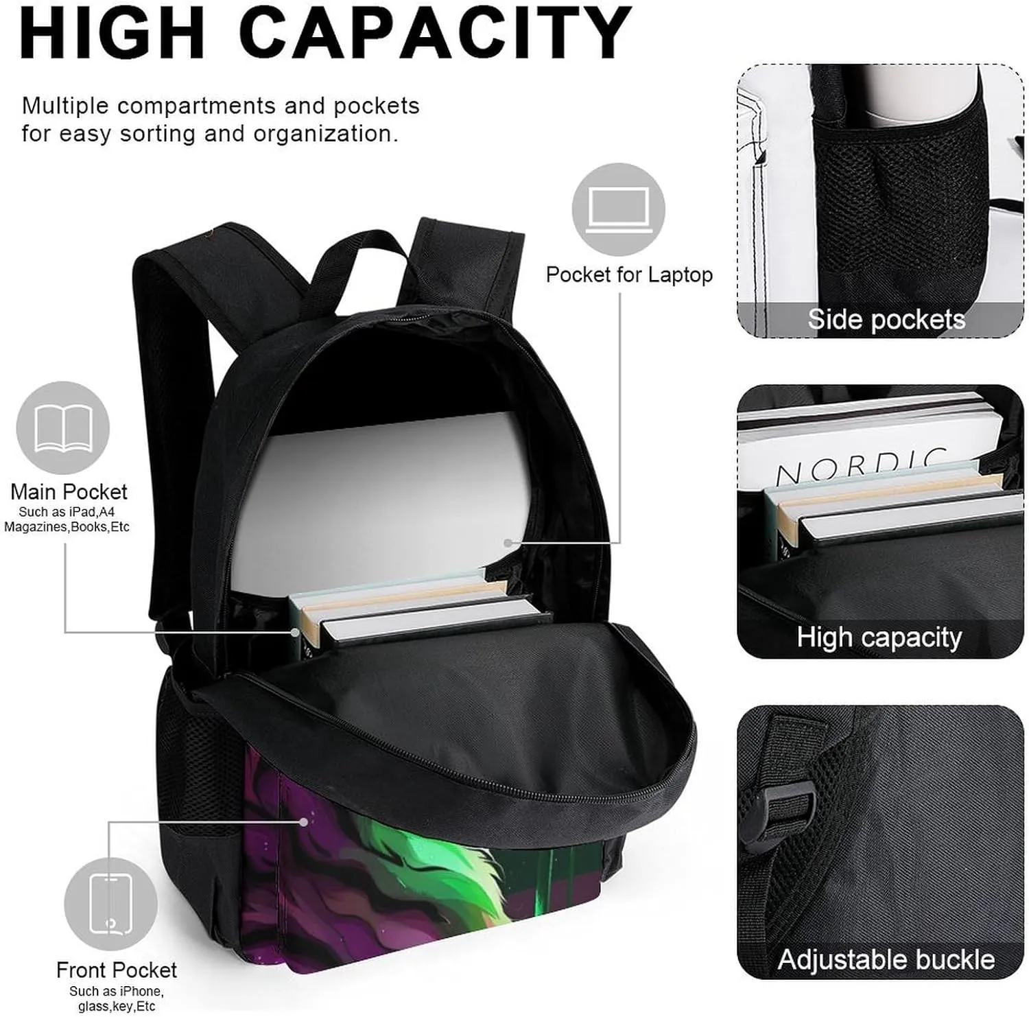 Supdreamc 3 Piece Daypack Big Capacity Shoulder Bag Backpack for Outdoors Bicycle - Angry Tiger Rainbow Animal Magic Art, Travel Hiking Backpack   Lunch Bag   Pencil Bag