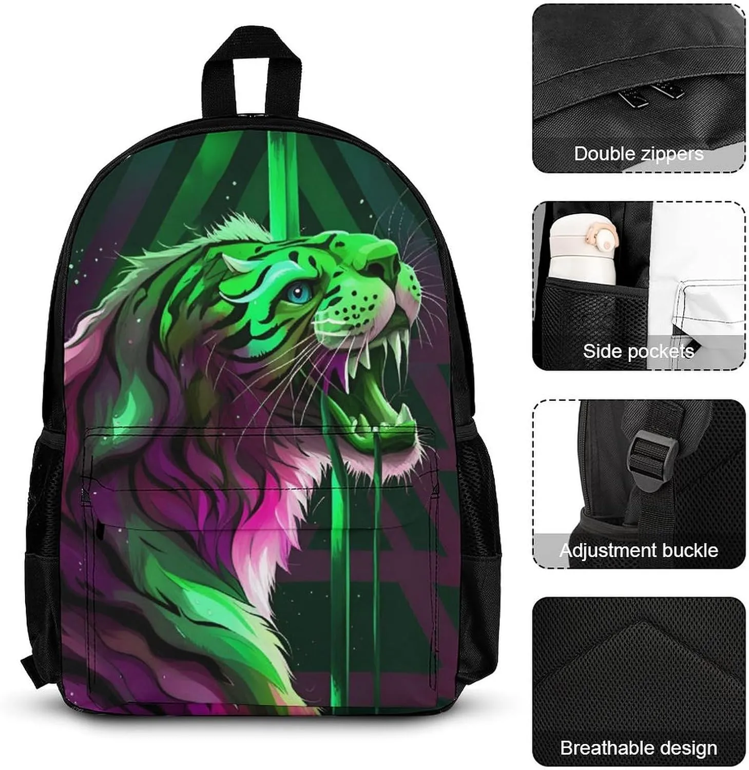 Supdreamc 3 Piece Daypack Big Capacity Shoulder Bag Backpack for Outdoors Bicycle - Angry Tiger Rainbow Animal Magic Art, Travel Hiking Backpack   Lunch Bag   Pencil Bag