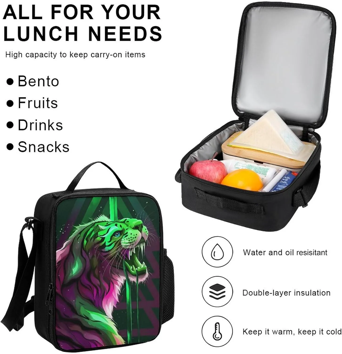 Supdreamc 3 Piece Daypack Big Capacity Shoulder Bag Backpack for Outdoors Bicycle - Angry Tiger Rainbow Animal Magic Art, Travel Hiking Backpack   Lunch Bag   Pencil Bag