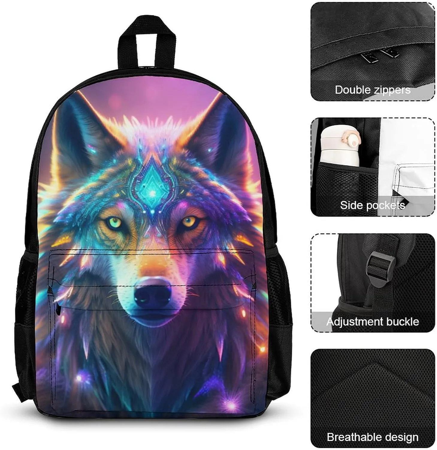 Supdreamc 3 Piece Daypack Colorful Space Wolf Art Travel Hiking Backpack Sets - Large Capacity Bookbag Lunch Bag Pencil Case for College Men and Women