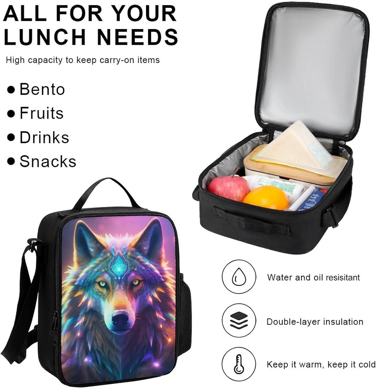 Supdreamc 3 Piece Daypack Colorful Space Wolf Art Travel Hiking Backpack Sets - Large Capacity Bookbag Lunch Bag Pencil Case for College Men and Women