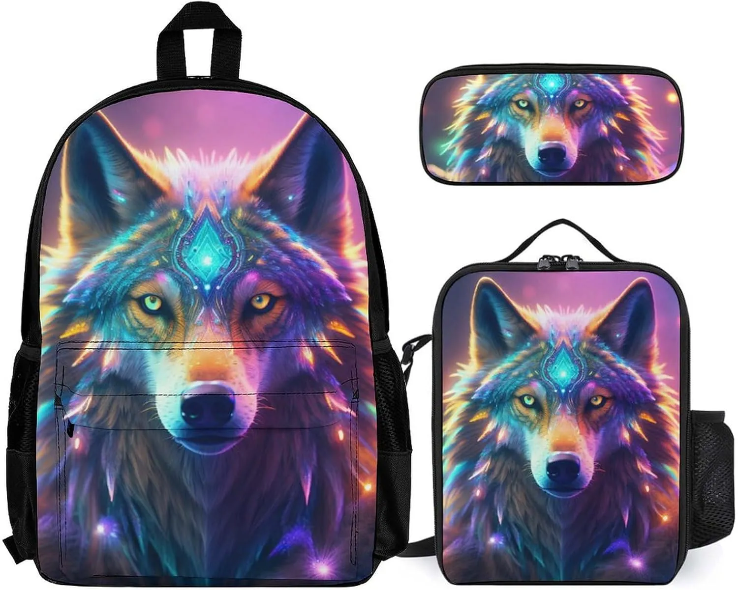 Supdreamc 3 Piece Daypack Colorful Space Wolf Art Travel Hiking Backpack Sets - Large Capacity Bookbag Lunch Bag Pencil Case for College Men and Women