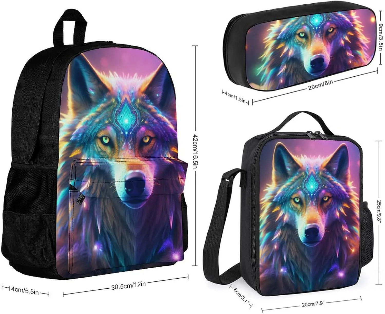 Supdreamc 3 Piece Daypack Colorful Space Wolf Art Travel Hiking Backpack Sets - Large Capacity Bookbag Lunch Bag Pencil Case for College Men and Women